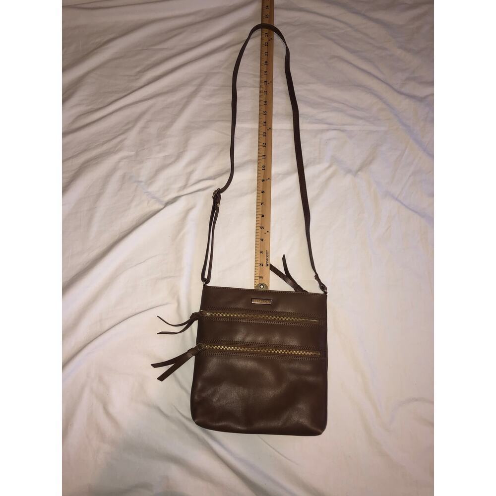 Estalon Brown Crossbody Leather Bag Outside Zip Pockets Gold Hardware Adjustable - Picture 6 of 6